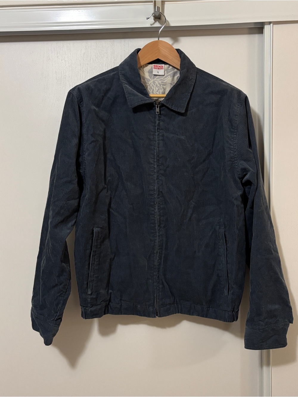 Birdwell Dad Jacket Size L Bomber Corduroy Carmel Blue Workwear Full Zip Logo